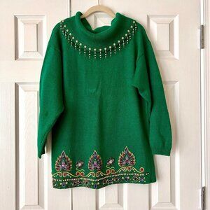 Quirky Vintage beaded turtleneck teacher knit sweater embroidery pearls Medium
